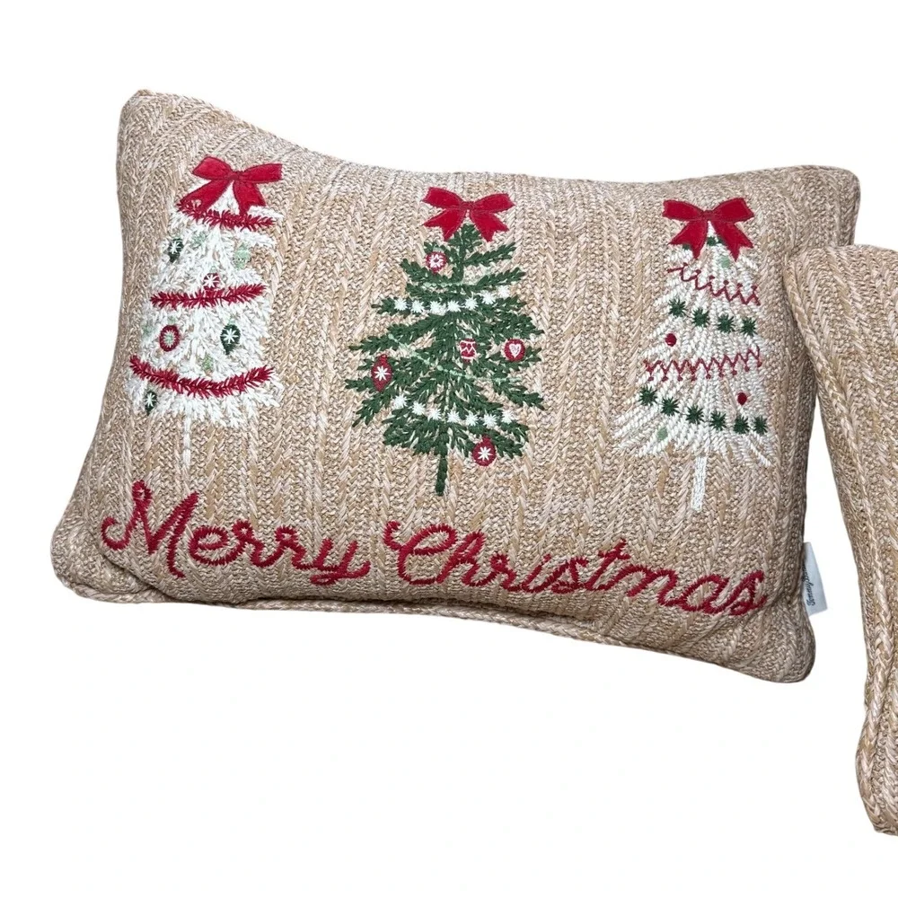 Set‎ of 2 Christmas Tree Embroidered Woven Lumbar Throw Pillows Festive Coastal
